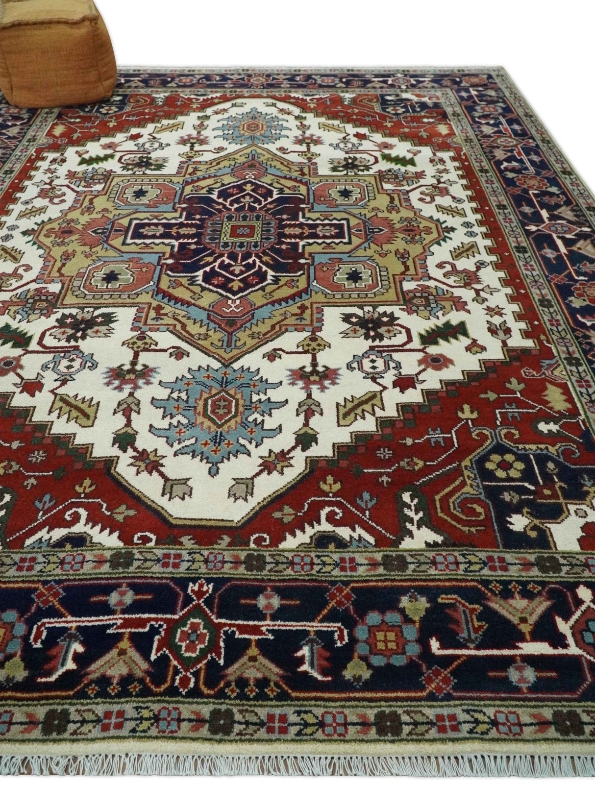 Hand Knotted Ivory, Brown and Blue Traditional Antique Style Wool Area Rug