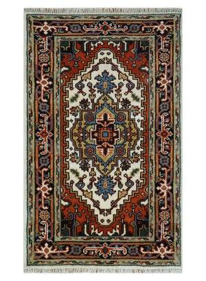 Hand Knotted Ivory, Brown and Blue Traditional Antique Style Wool Area Rug