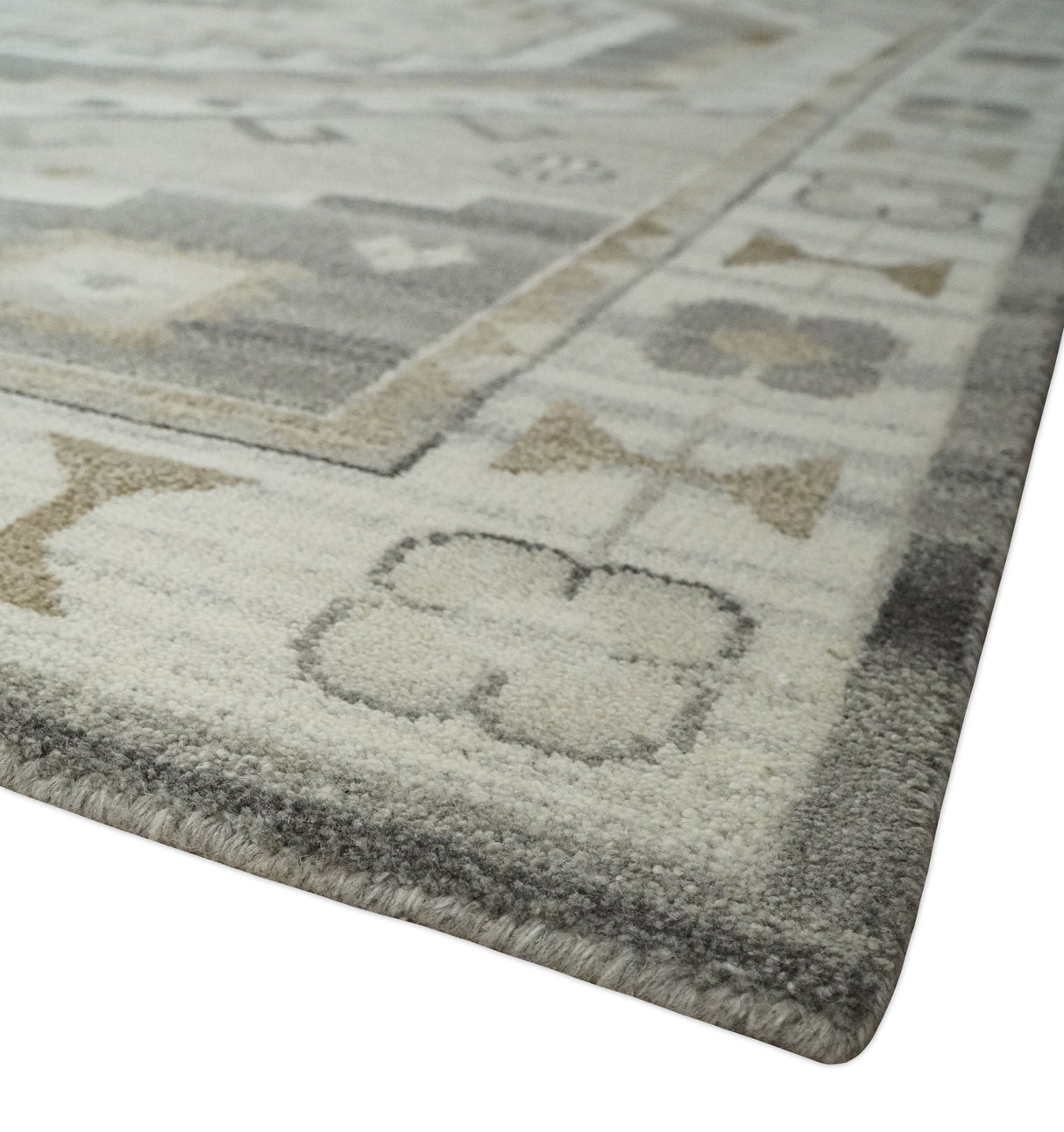 Hand Knotted Ivory, Charcoal and Beige Traditional Medallion Natural Wool Custom Made Area Rug, Kids, Living Room and Bedroom Rug