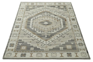 Hand Knotted Ivory, Charcoal and Beige Traditional Medallion Natural Wool Custom Made Area Rug, Kids, Living Room and Bedroom Rug