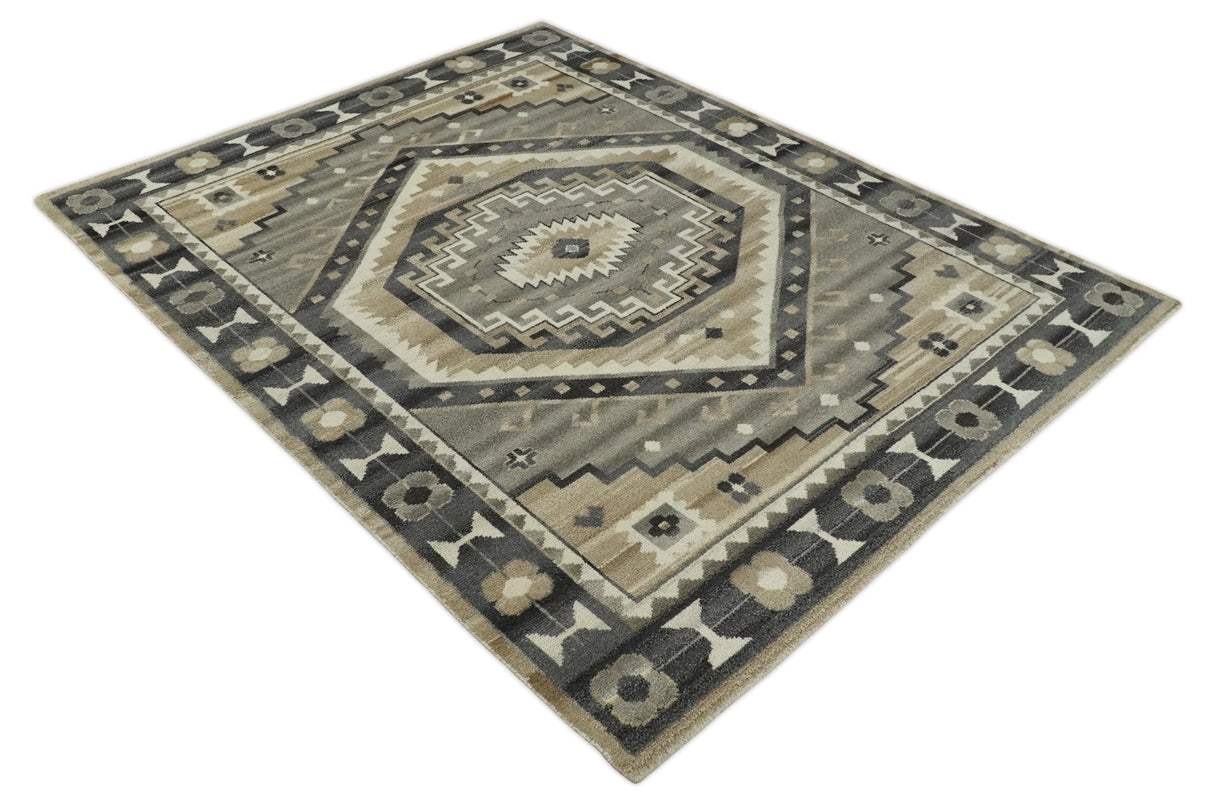 Hand Knotted Ivory, Charcoal and Beige Traditional Medallion Natural Wool Multi Size Area Rug, Kids, Living Room and Bedroom Rug