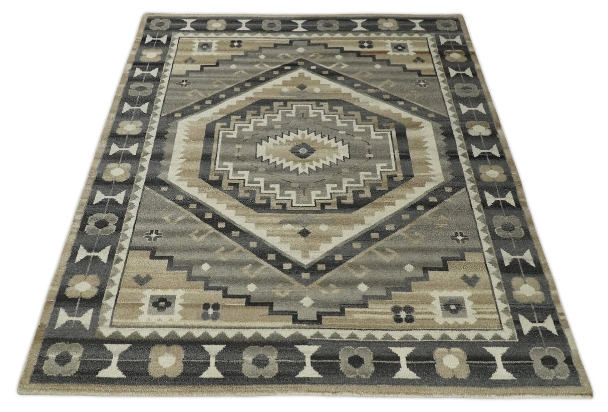 Hand Knotted Ivory, Charcoal and Beige Traditional Medallion Natural Wool Multi Size Area Rug, Kids, Living Room and Bedroom Rug