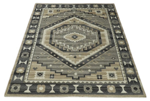 Hand Knotted Ivory, Charcoal and Beige Traditional Medallion Natural Wool Multi Size Area Rug, Kids, Living Room and Bedroom Rug