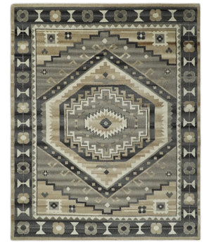 Hand Knotted Ivory, Charcoal and Beige Traditional Medallion Natural Wool Multi Size Area Rug, Kids, Living Room and Bedroom Rug