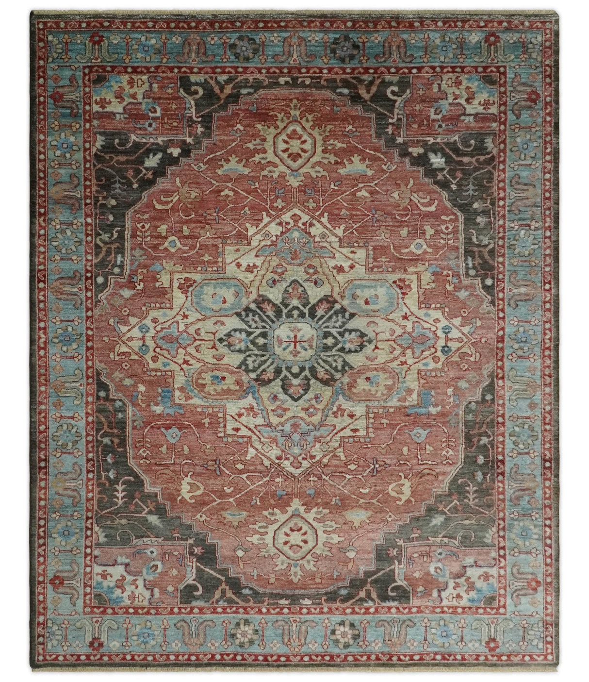 Hand Knotted Ivory, Rust and Blue Antique Persian Heriz Serapi Wool Rug, 5x8, 6x9, 8x10 and 9x12 Living Room Rug | TRD2557