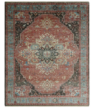 Hand Knotted Ivory, Rust and Blue Antique Persian Heriz Serapi Wool Rug, 5x8, 6x9, 8x10 and 9x12 Living Room Rug | TRD2557