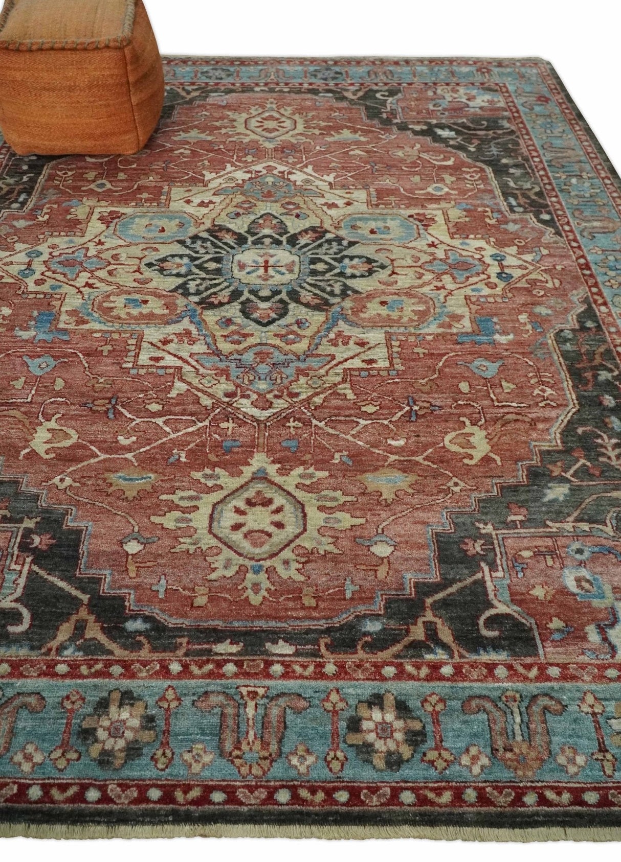 Hand Knotted Ivory, Rust and Blue Antique Persian Heriz Serapi Wool Rug, 5x8, 6x9, 8x10 and 9x12 Living Room Rug | TRD2557