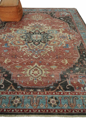 Hand Knotted Ivory, Rust and Blue Antique Persian Heriz Serapi Wool Rug, 5x8, 6x9, 8x10 and 9x12 Living Room Rug | TRD2557