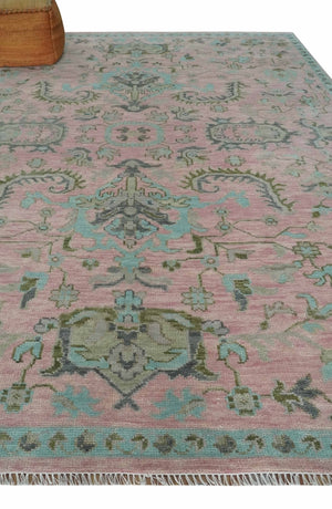 Hand Knotted Pink and Aqua Oriental Oushak Multi Size Traditional Wool Area Rug, Living Room and Bedroom Rug