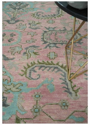 Hand Knotted Pink and Aqua Oriental Oushak Multi Size Traditional Wool Area Rug, Living Room and Bedroom Rug