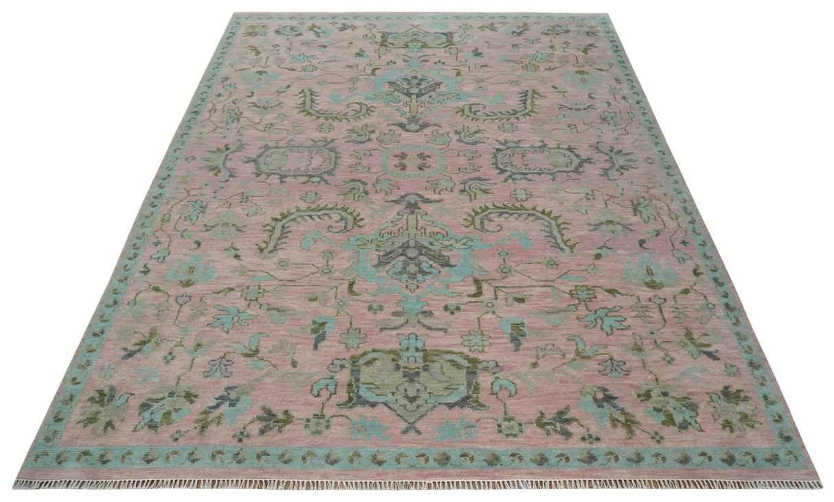 Hand Knotted Pink and Aqua Oriental Oushak Multi Size Traditional Wool Area Rug, Living Room and Bedroom Rug