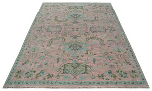 Hand Knotted Pink and Aqua Oriental Oushak Multi Size Traditional Wool Area Rug, Living Room and Bedroom Rug