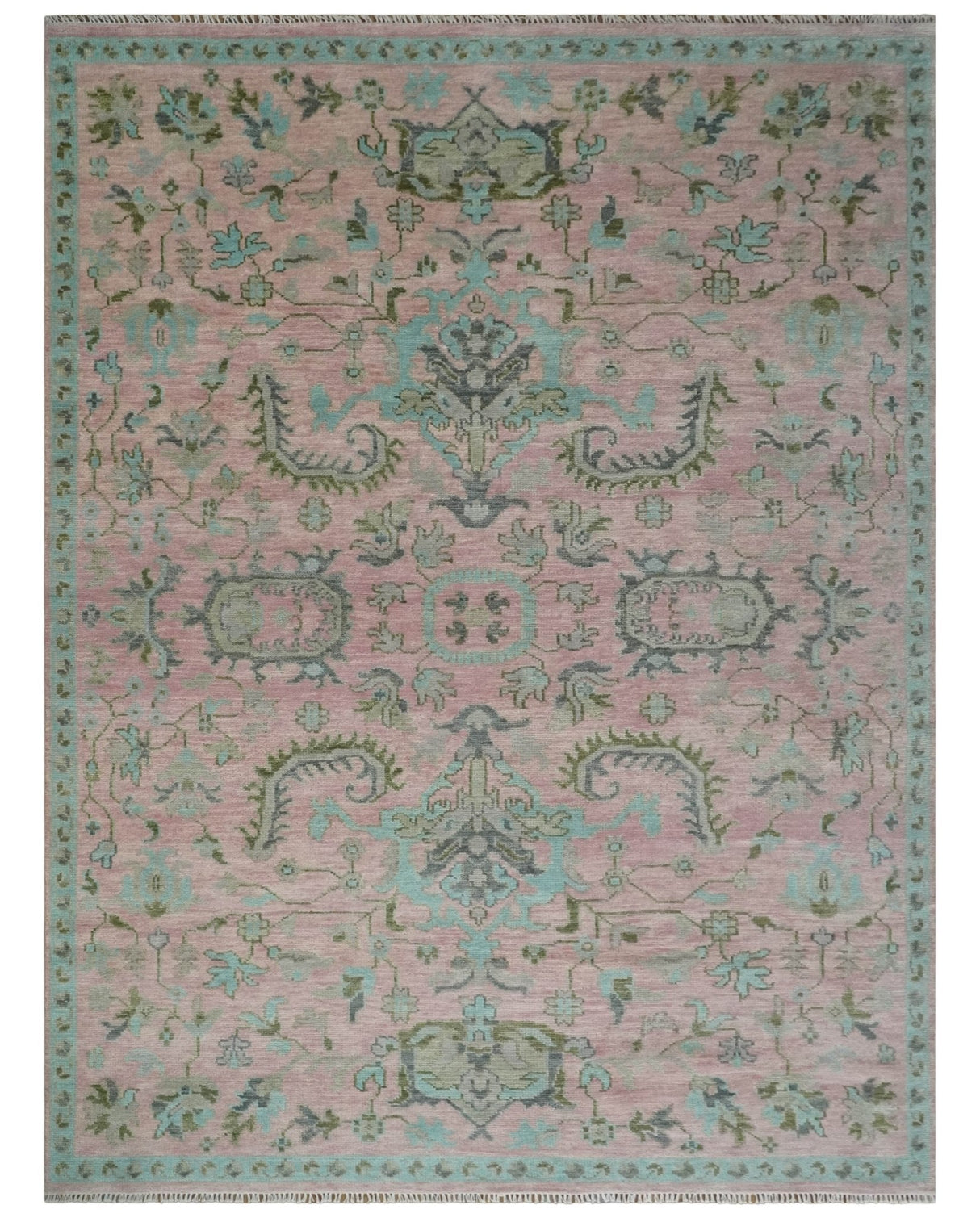 Hand Knotted Pink and Aqua Oriental Oushak Multi Size Traditional Wool Area Rug, Living Room and Bedroom Rug