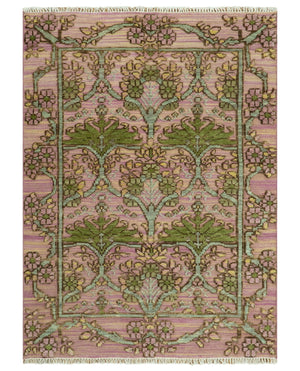 Hand Knotted Pink, Green and Beige Floral Traditional Antique Style Wool Area Rug