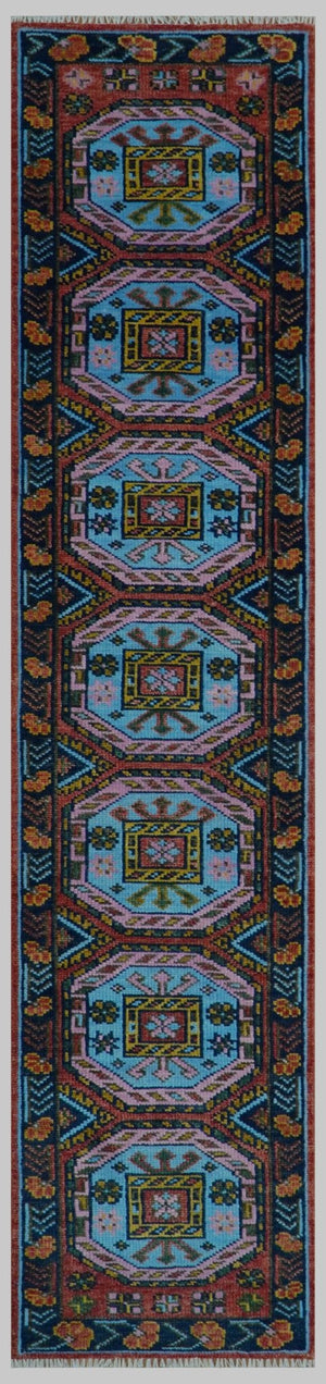 Hand Knotted Rust and Blue Traditional Antique look Multi Size Wool Area Rug