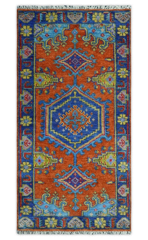 Hand Knotted Rust, Blue and Olive Traditional Multi Size Antique Wool Area Rug