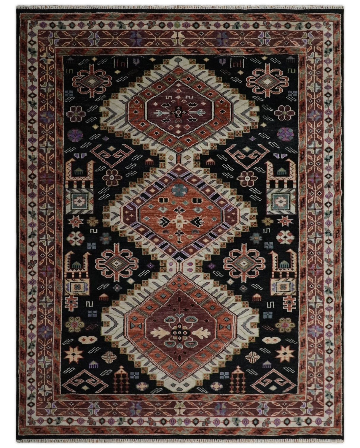 Hand Knotted Rust, Ivory and Black Traditional Heriz Wool Area Rug