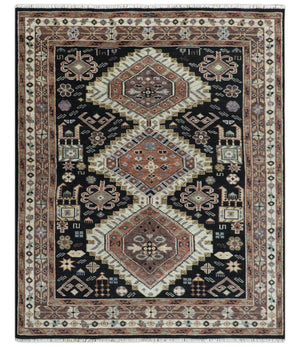 Hand Knotted Rust, Ivory and Black Traditional Heriz Wool Area Rug