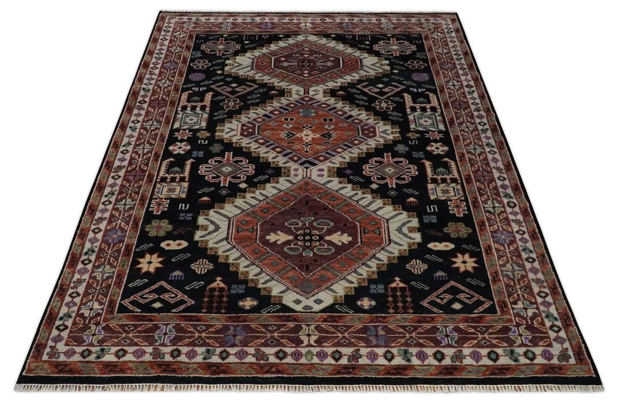 Hand Knotted Rust, Ivory and Black Traditional Heriz Wool Area Rug