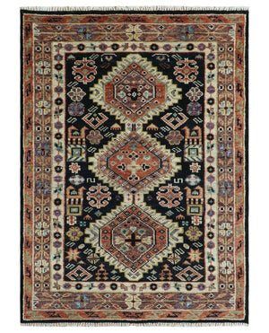 Hand Knotted Rust, Ivory and Black Traditional Heriz Wool Area Rug