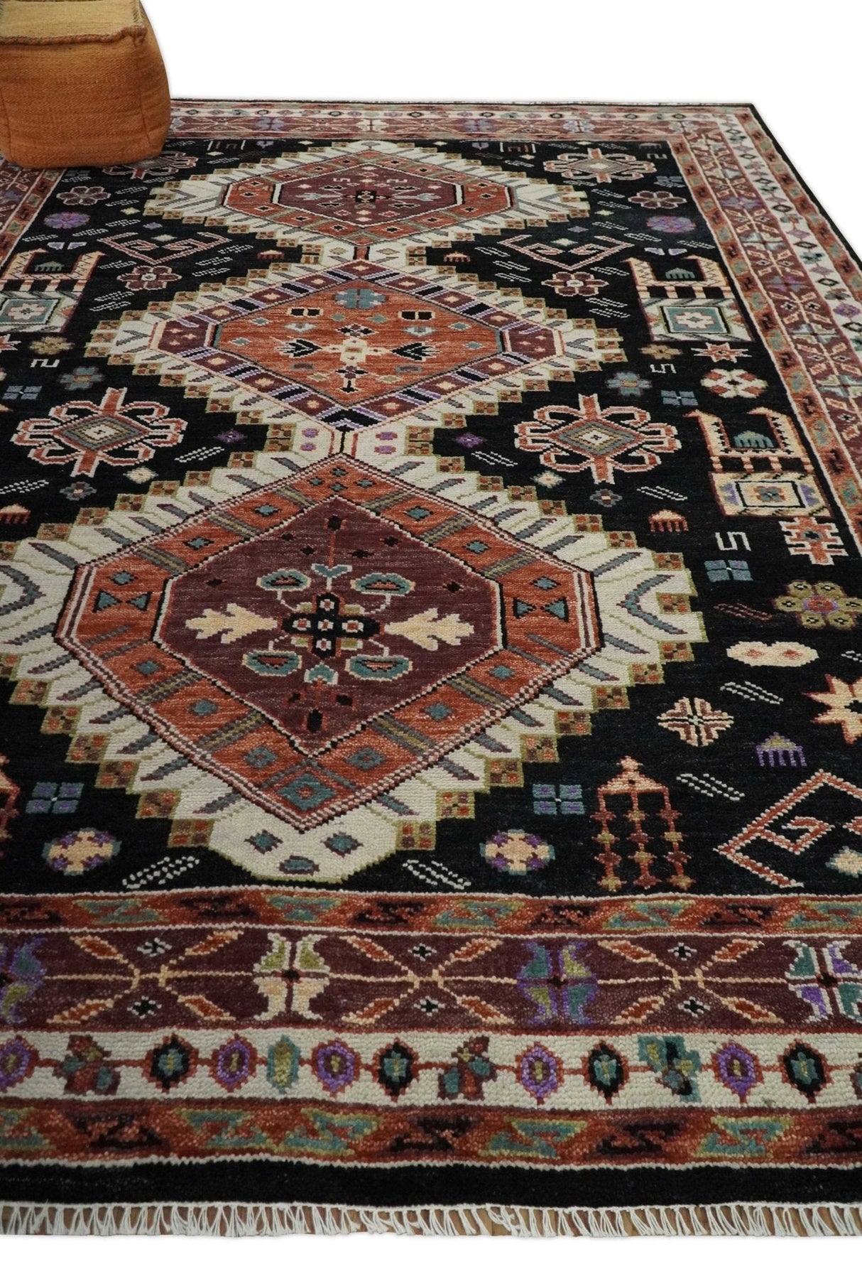 Hand Knotted Rust, Ivory and Black Traditional Heriz Wool Area Rug