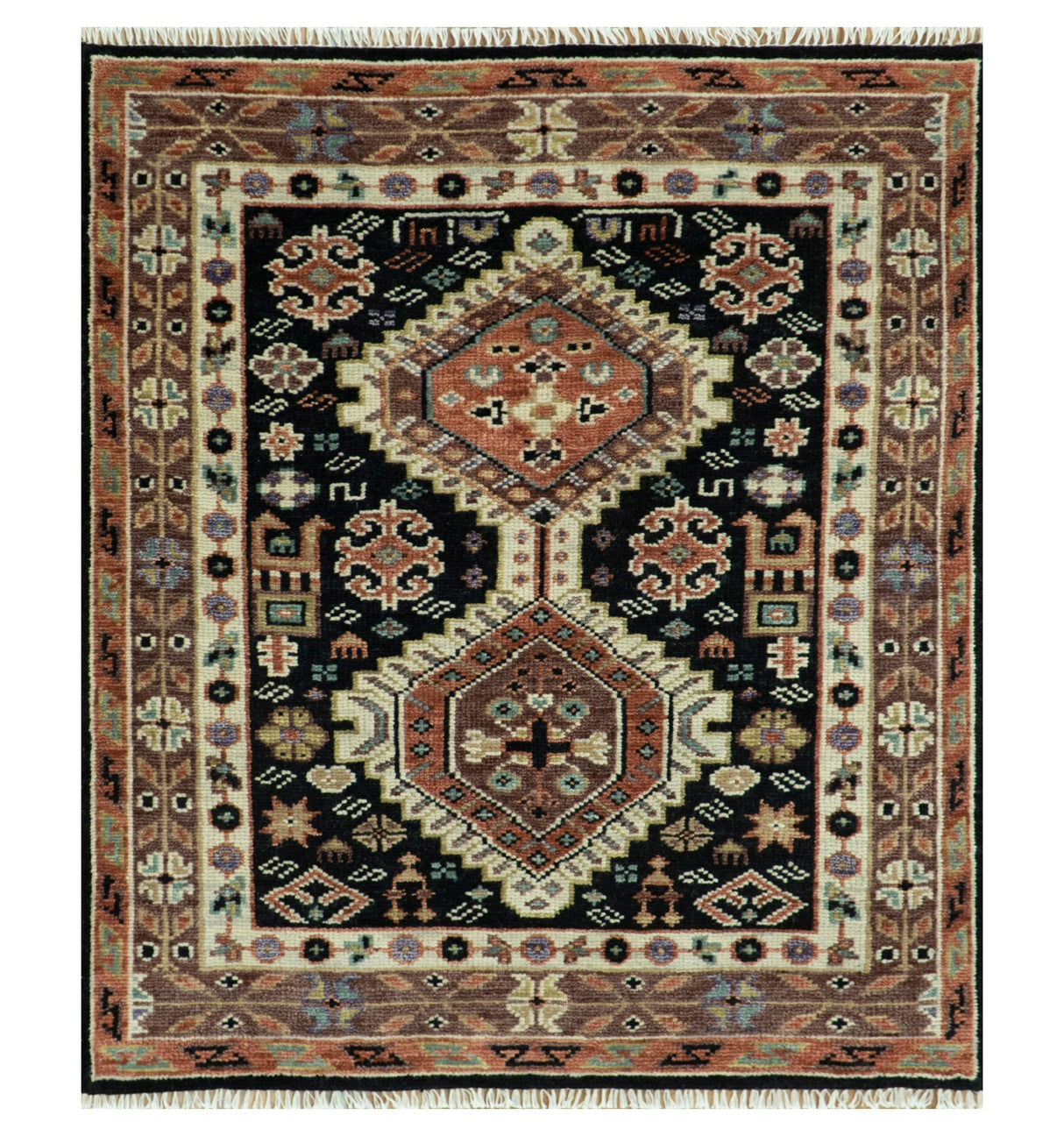 Hand Knotted Rust, Ivory and Black Traditional Heriz Wool Area Rug