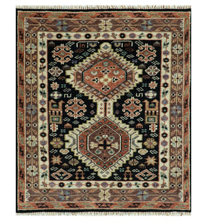 Hand Knotted Rust, Ivory and Black Traditional Heriz Wool Area Rug