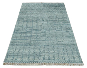 Hand Knotted Silver and Blue Modern Trellis Moroccan Rug Made with Blended Wool Multi Size Rug