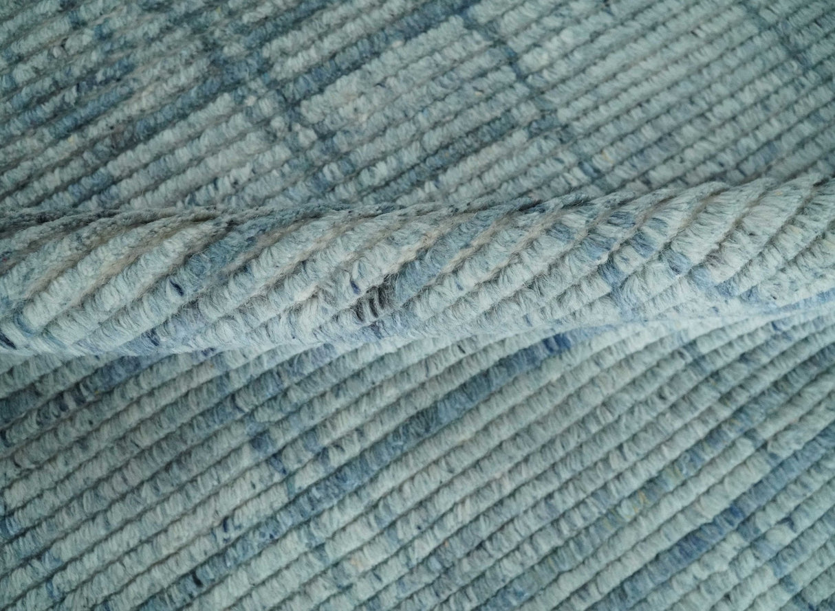Hand Knotted Silver and Blue Modern Trellis Moroccan Rug Made with Blended Wool Multi Size Rug