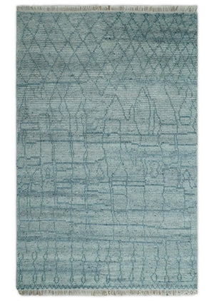 Hand Knotted Silver and Blue Modern Trellis Moroccan Rug Made with Blended Wool Multi Size Rug