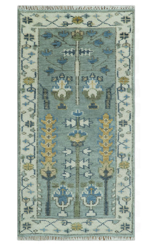 Hand Knotted Traditional Blue and Ivory Antique Oushak Custom Made Wool Area Rug