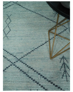 Custom Made Hand Woven Silver and Blue Abstract Trellis Moroccan Rug Made with Blended Wool