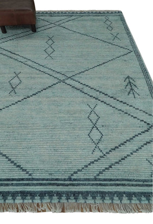 Custom Made Hand Woven Silver and Blue Abstract Trellis Moroccan Rug Made with Blended Wool