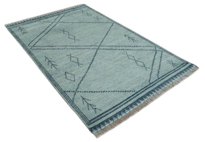 Custom Made Hand Woven Silver and Blue Abstract Trellis Moroccan Rug Made with Blended Wool