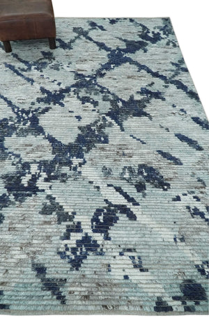 Custom Made Hand Woven Silver, Blue and Charcoal Abstract Trellis Moroccan Rug Made with Blended Wool