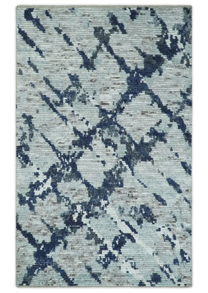 Custom Made Hand Woven Silver, Blue and Charcoal Abstract Trellis Moroccan Rug Made with Blended Wool