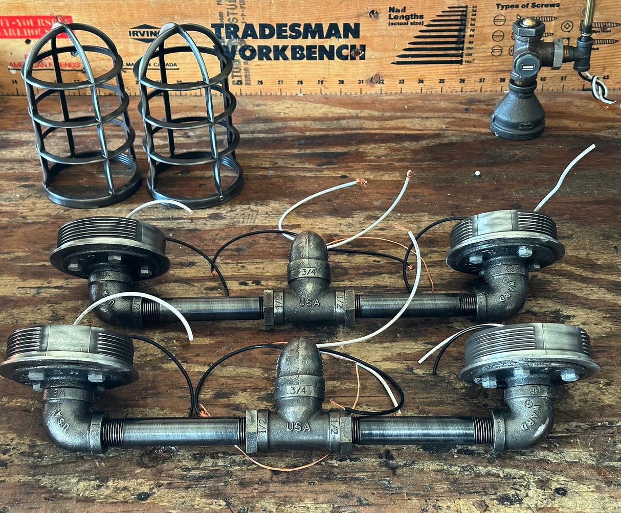 Black Pipe Light - Double Cage Industrial Wall Sconce - The Ironforge