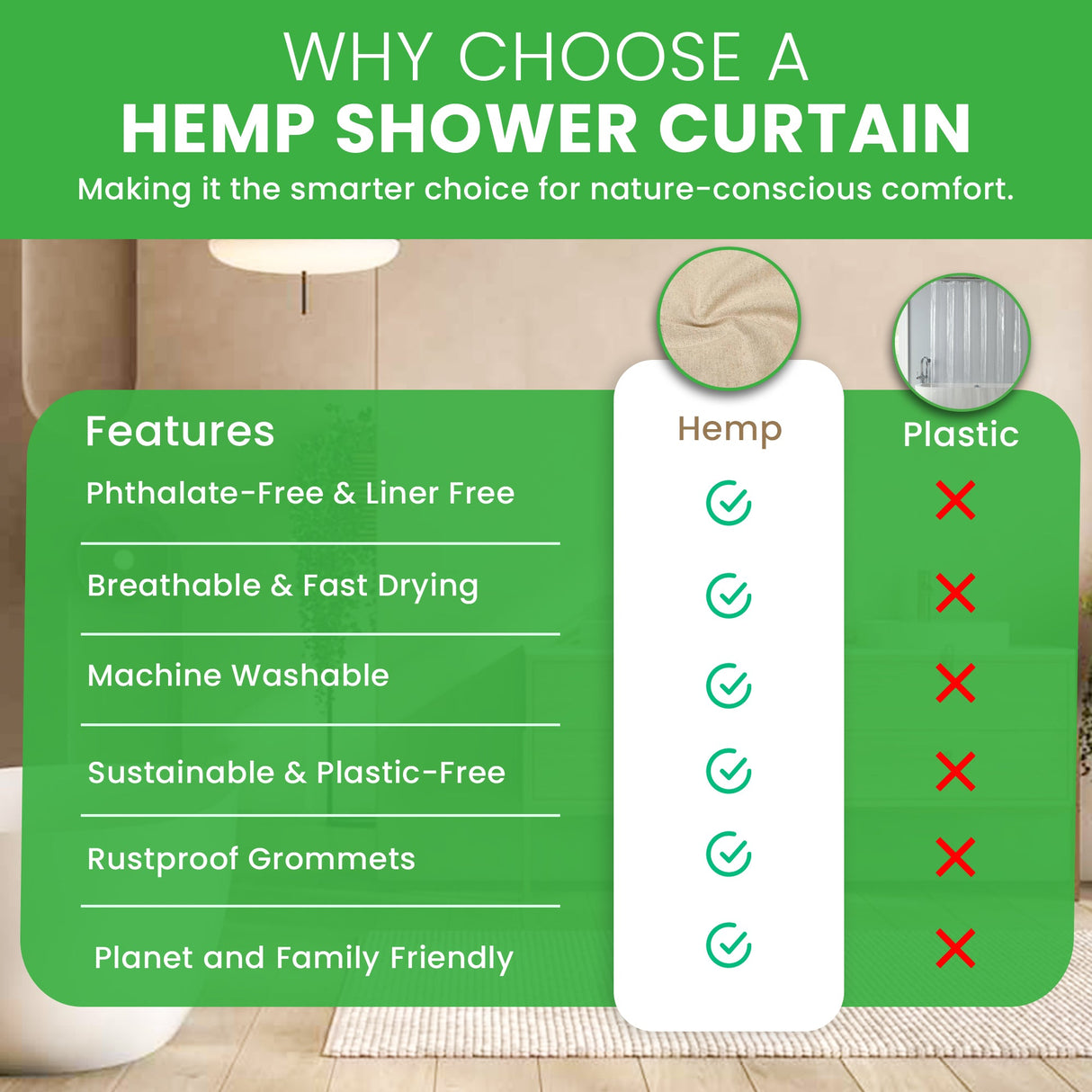 Hemp Shower Curtain – Bath, Tub + Stall Sizes – Made in USA