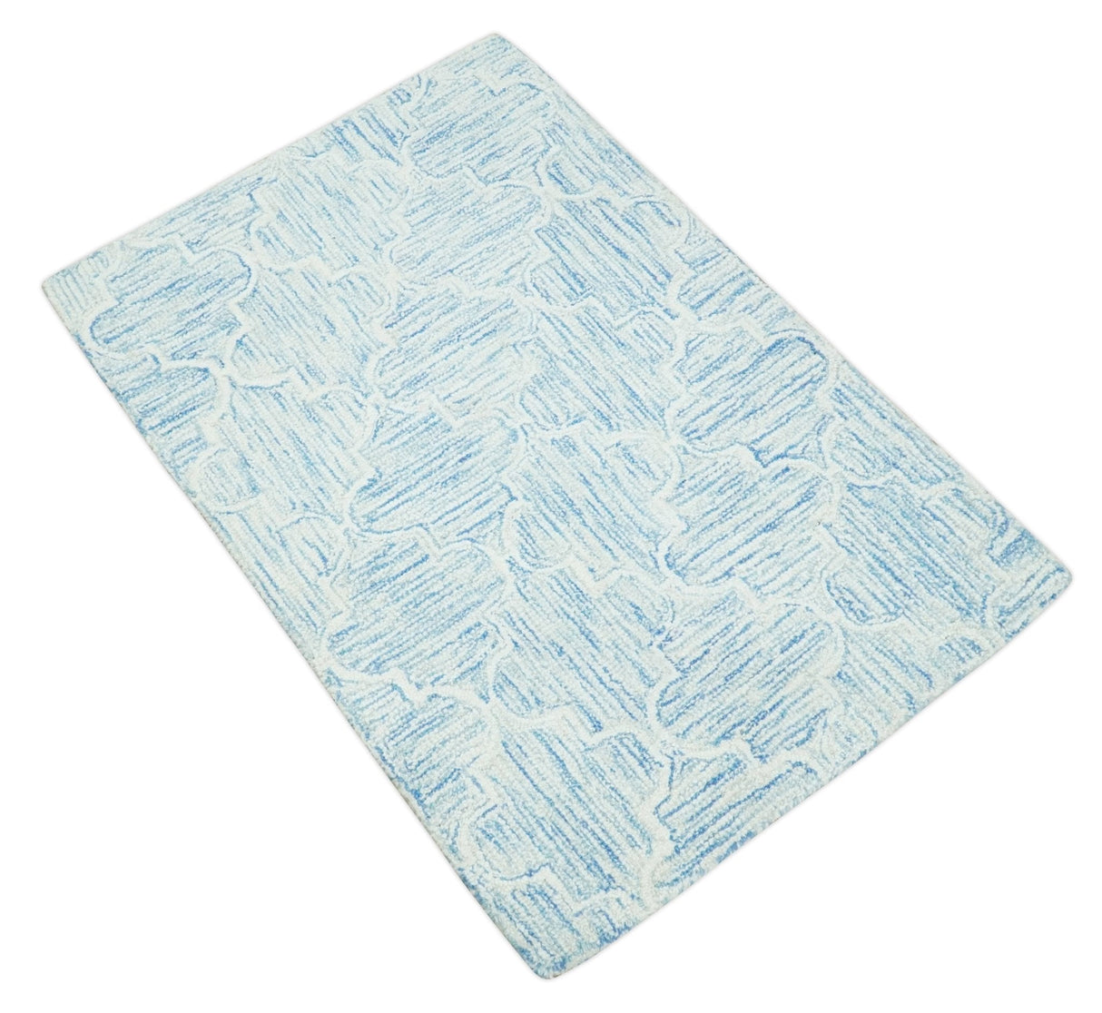 Custom Made Ivory and Blue Modern Geometric Hand Tufted Natural Wool Area Rug