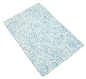 Custom Made Ivory and Blue Modern Geometric Hand Tufted Natural Wool Area Rug
