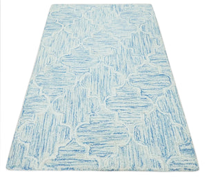 Custom Made Ivory and Blue Modern Geometric Hand Tufted Natural Wool Area Rug