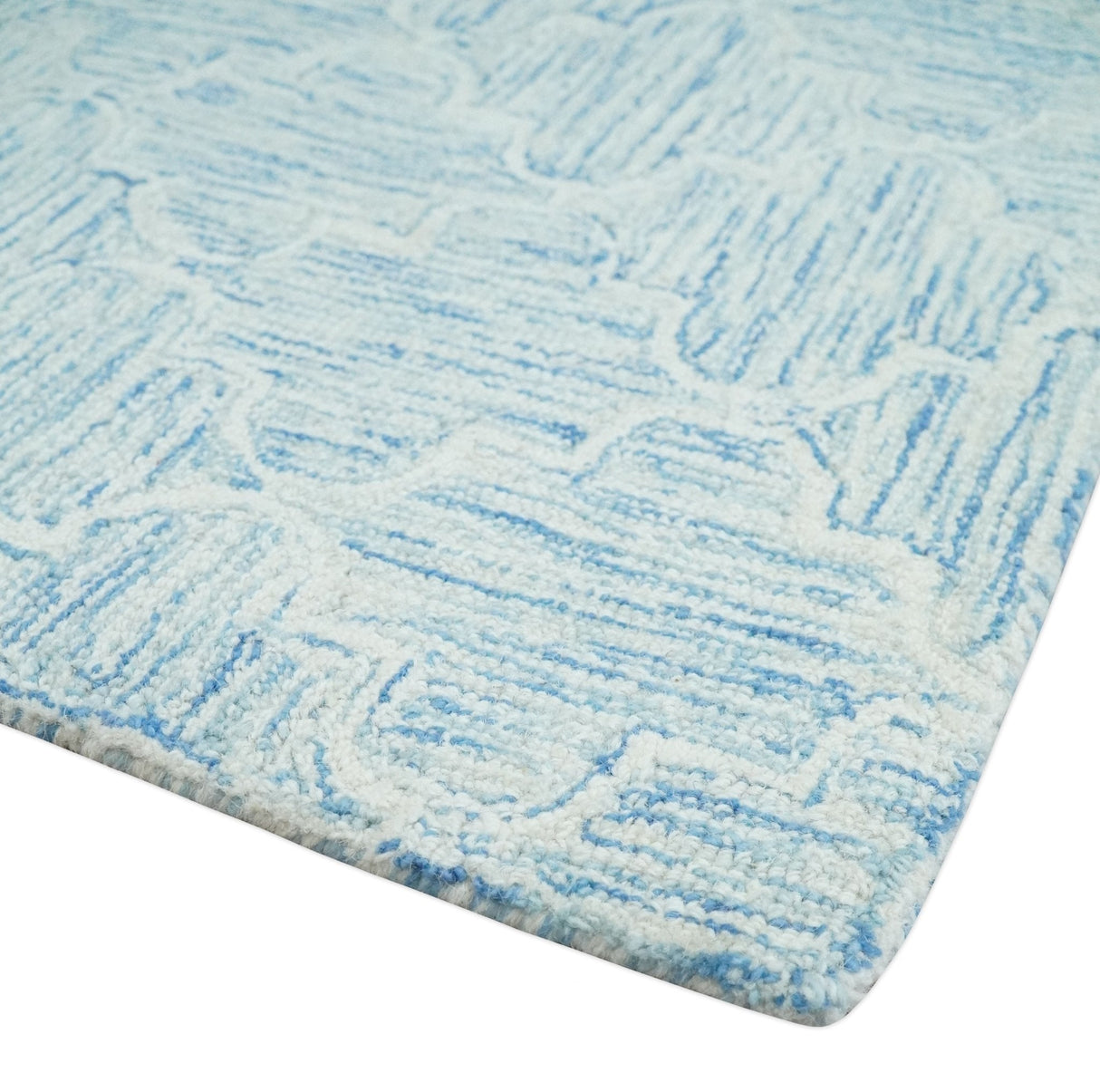 Custom Made Ivory and Blue Modern Geometric Hand Tufted Natural Wool Area Rug