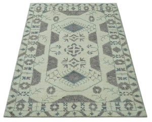 Ivory and Brown Traditional Hand Knotted Multi Size wool Area Rug