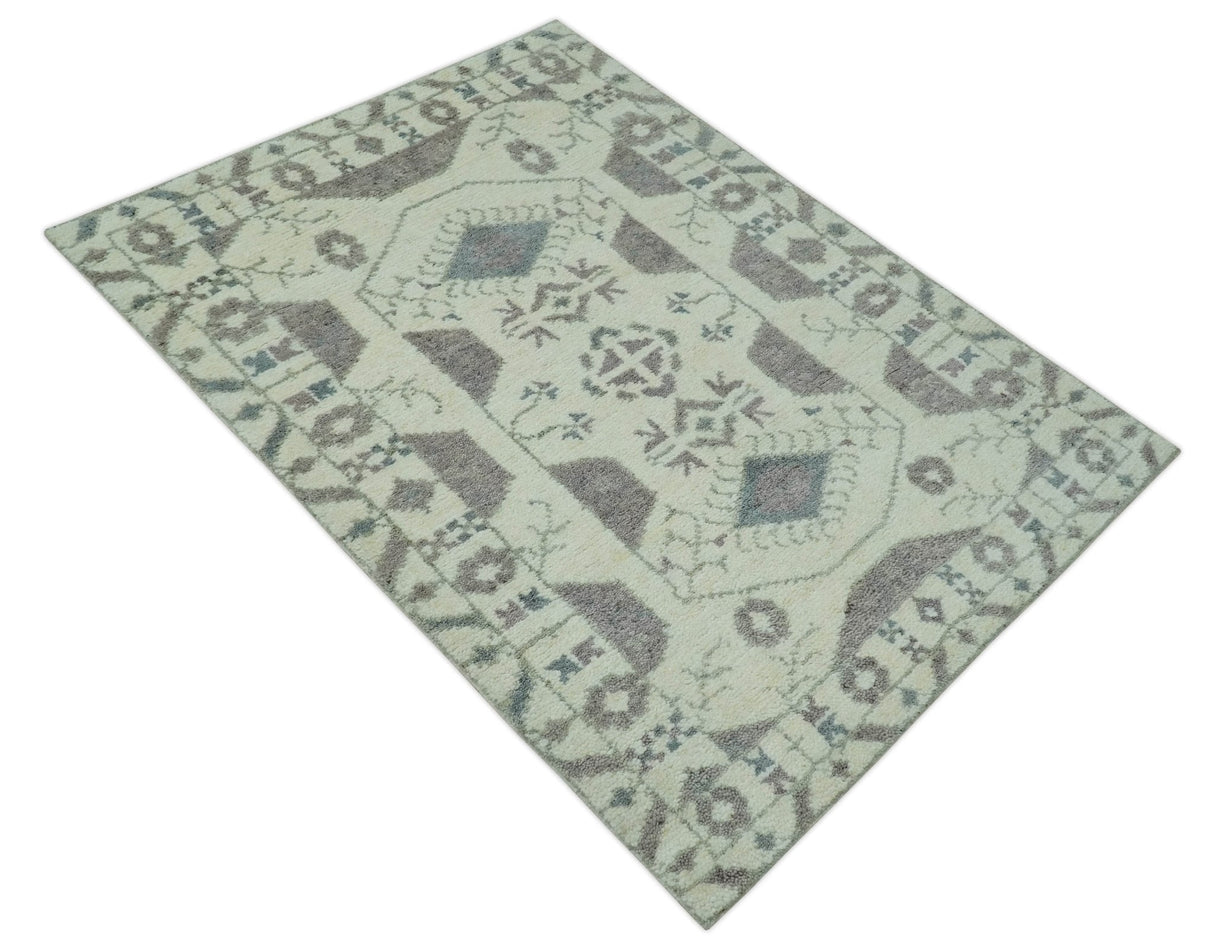 Ivory and Brown Traditional Hand Knotted Multi Size wool Area Rug