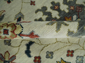 Ivory and Gray Floral Oushak Hand Knotted Custom Made Wool Area Rug