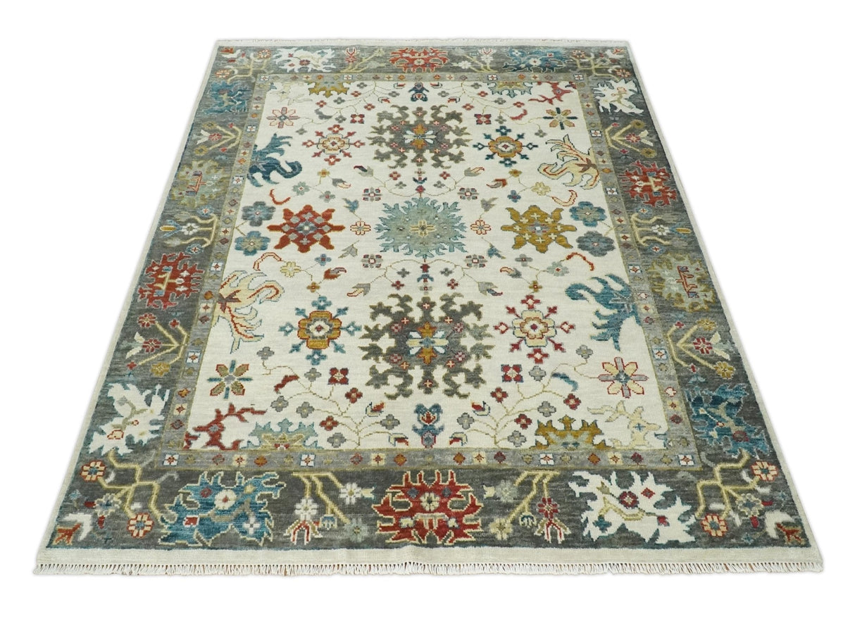 Ivory and Gray Floral Oushak Hand Knotted Custom Made Wool Area Rug