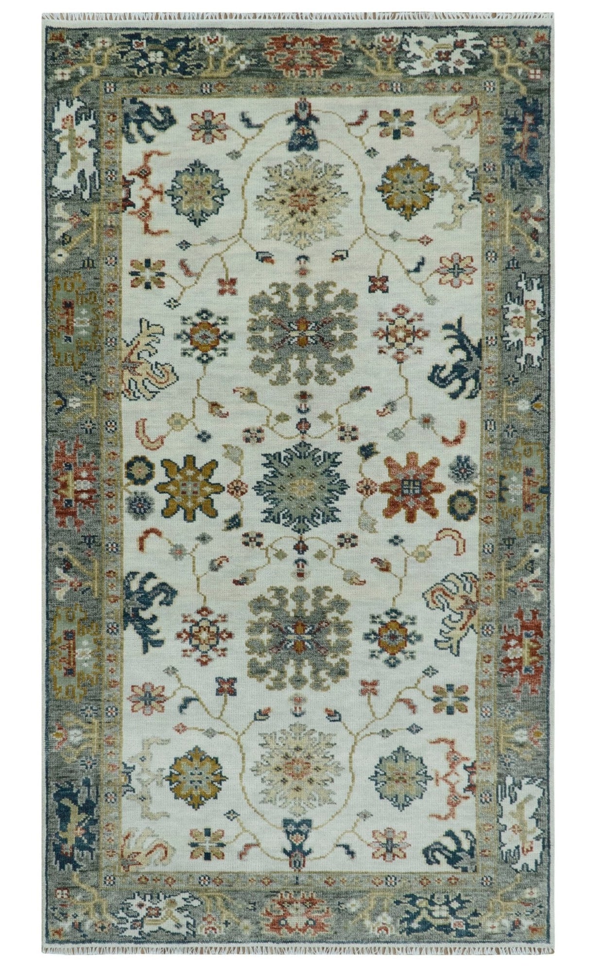 Ivory and Gray Floral Oushak Hand Knotted Custom Made Wool Area Rug