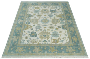 Ivory, Blue and Beige Floral Oushak Hand Knotted Traditional Turkish Inspired Custom Made Wool Area Rug