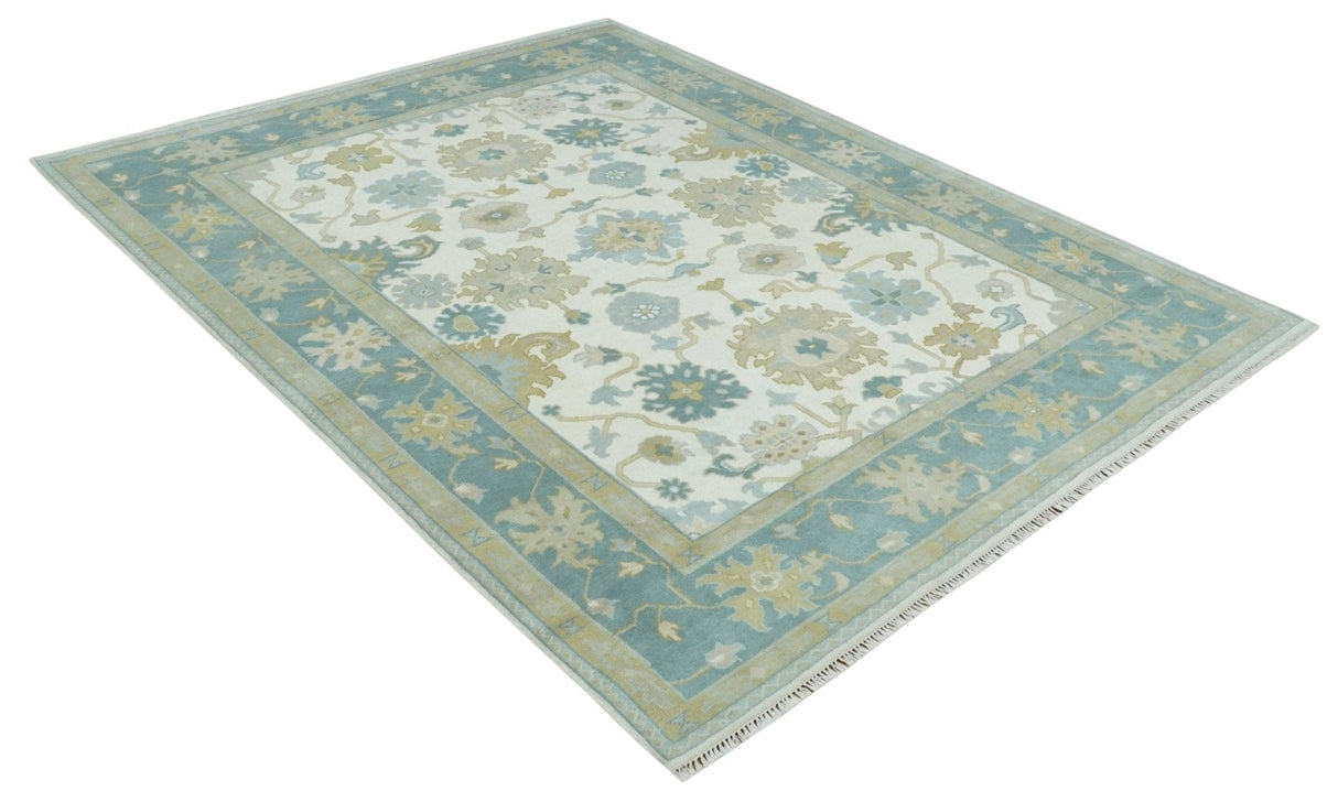 Ivory, Blue and Beige Floral Oushak Hand Knotted Traditional Turkish Inspired Custom Made Wool Area Rug