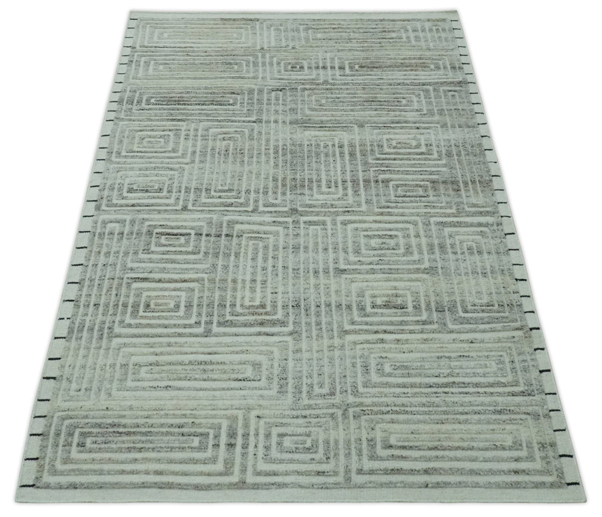 Ivory, Silver and Charcoal Modern Geometrical Puzzle Design hand knotted Custom Made wool Area Rug